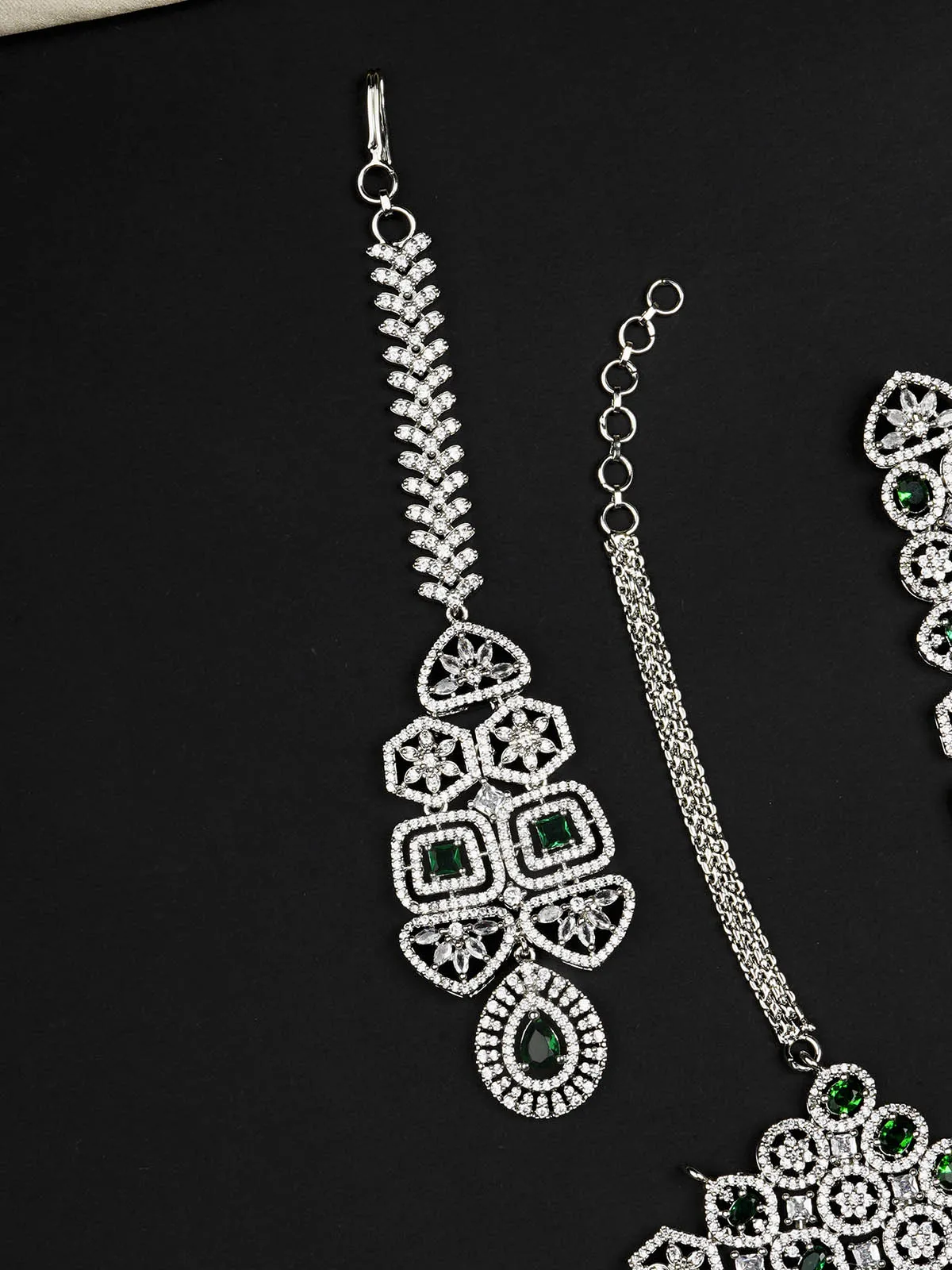 Green Color Silver Plated Faux Diamond Bridal Necklace Set - CZSET327GR