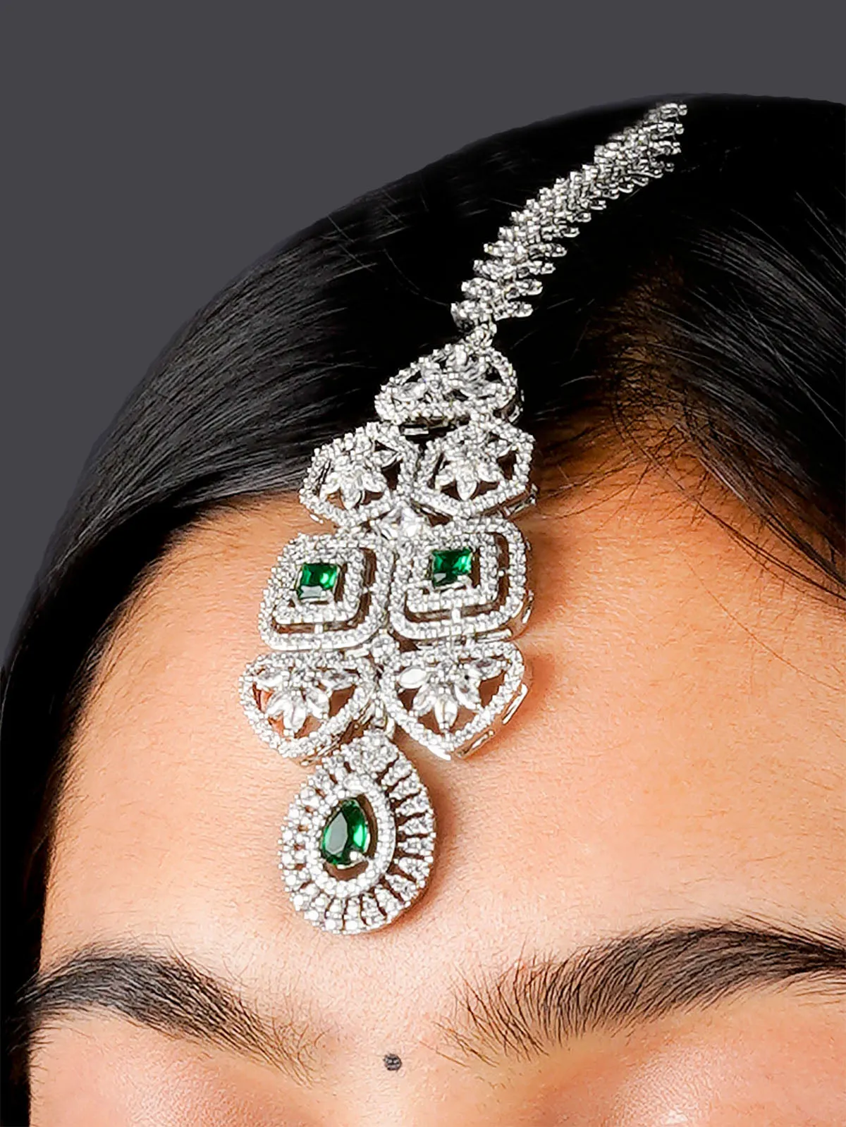 Green Color Silver Plated Faux Diamond Bridal Necklace Set - CZSET327GR