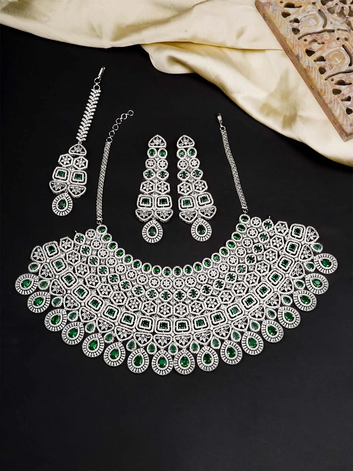 Green Color Silver Plated Faux Diamond Bridal Necklace Set - CZSET327GR