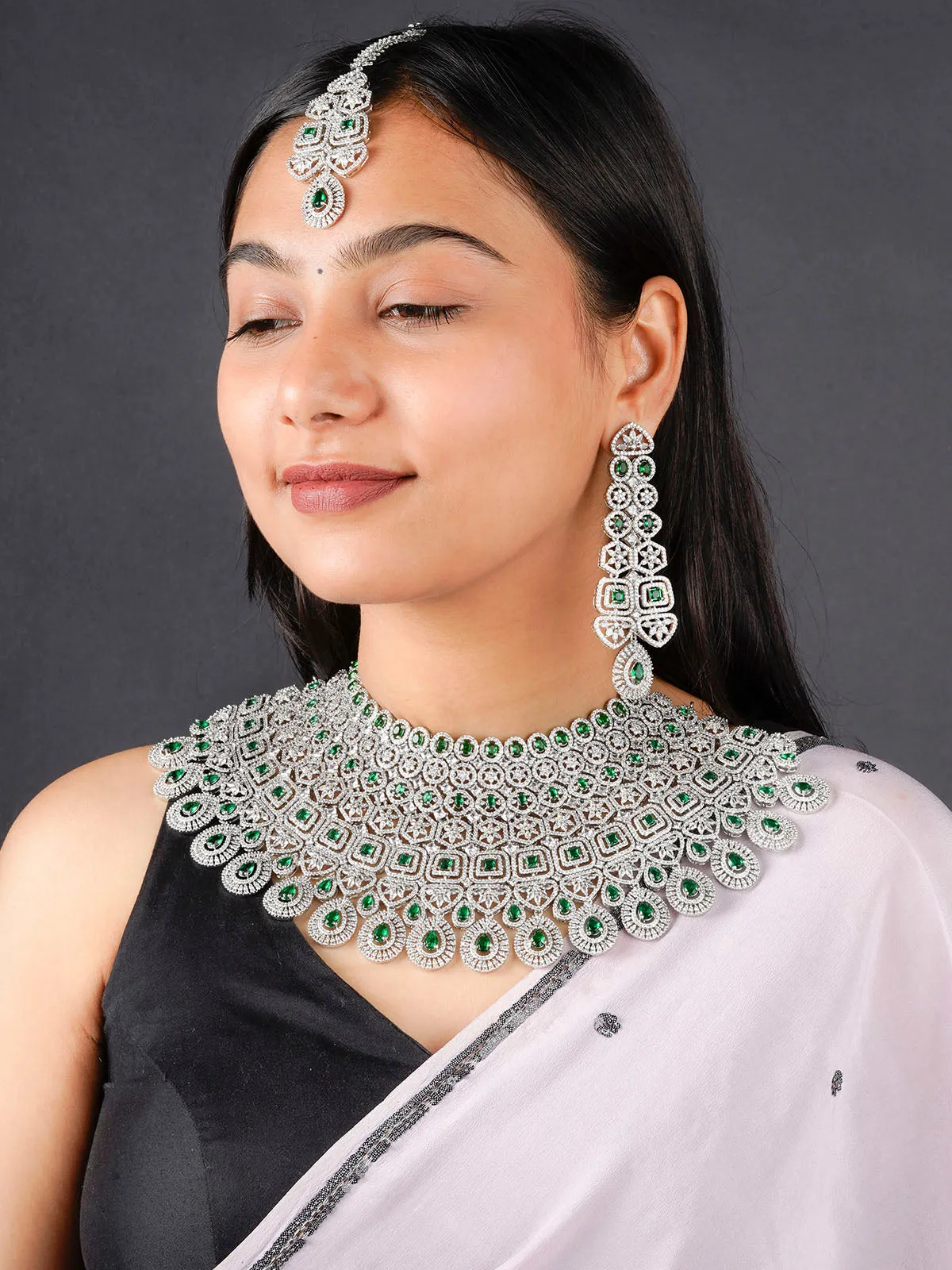 Green Color Silver Plated Faux Diamond Bridal Necklace Set - CZSET327GR