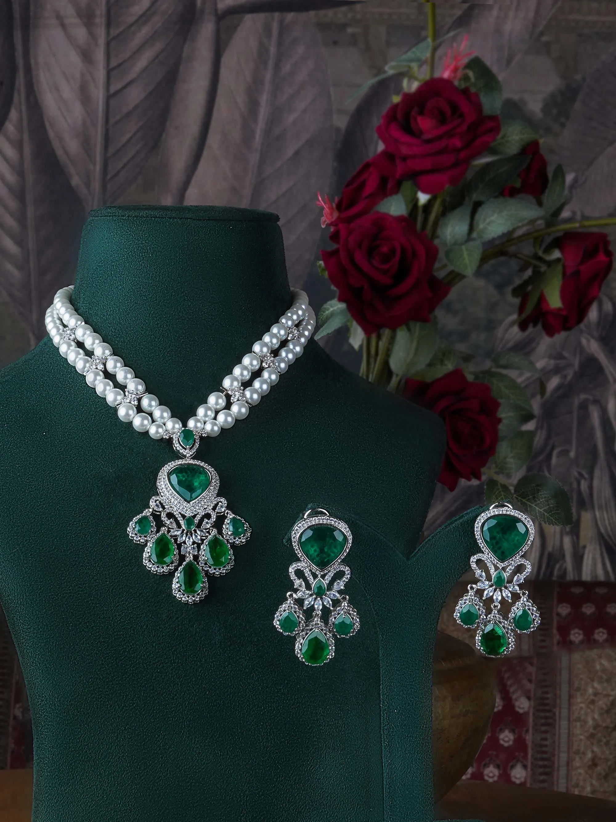 Green Color Silver Plated Faux Diamond Necklace Set - CZSET338GR