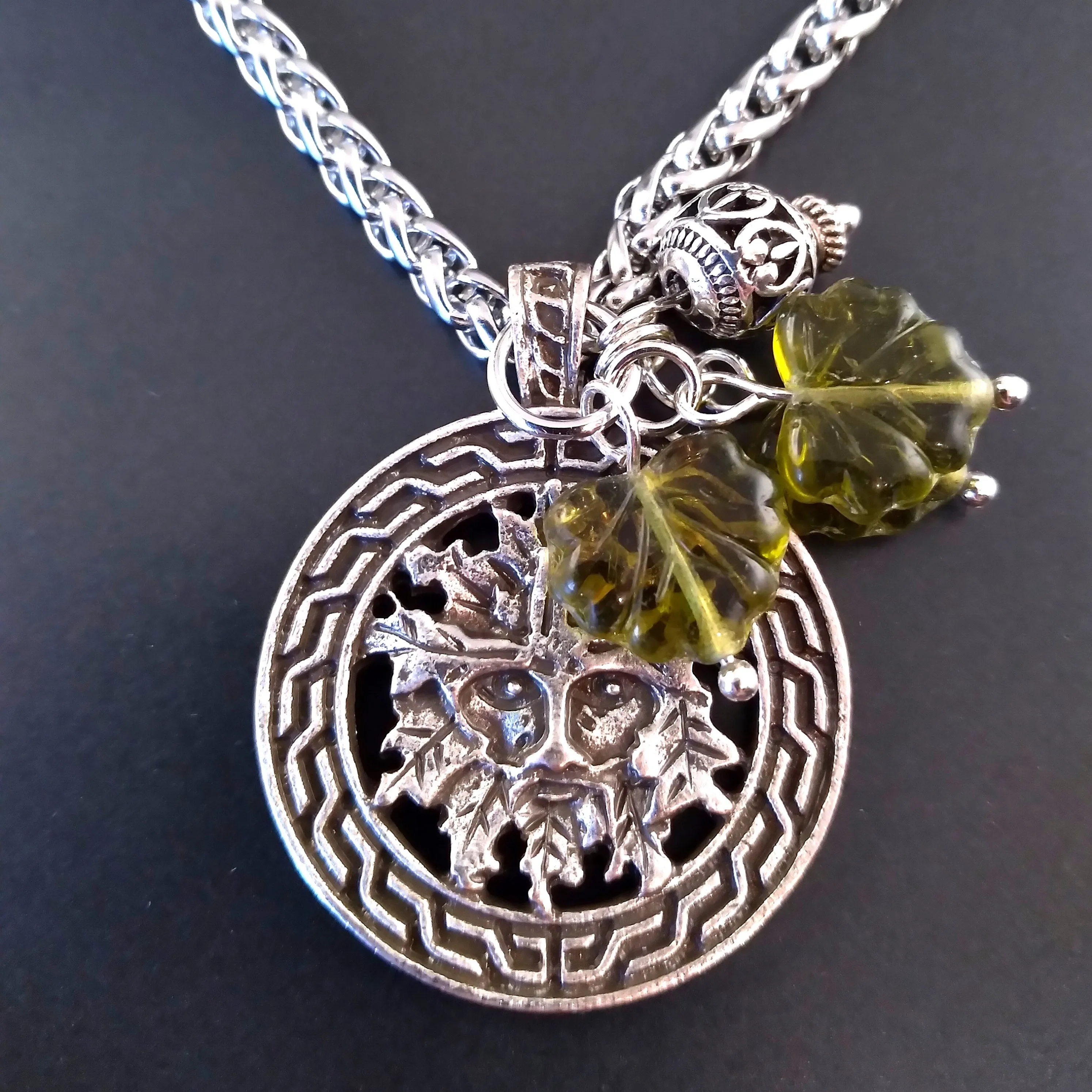 Green Man Necklace Silver Celtic Leaf