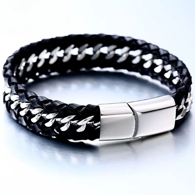 Handcrafted Leather and Titanium Men's Chain Bracelet – Locomotive Inspired Adventure Jewelry