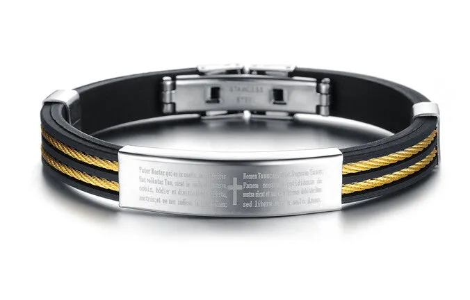 Holy Bible Cross Design Silicone Man Bangles Classical Black/Gold Plated Stainless Steel Men Jewelry Bracelets