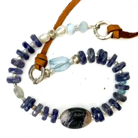 Iolite, Chaorite, Aquamarine, Larimar, Freshwater Pearl Leather Necklace #2