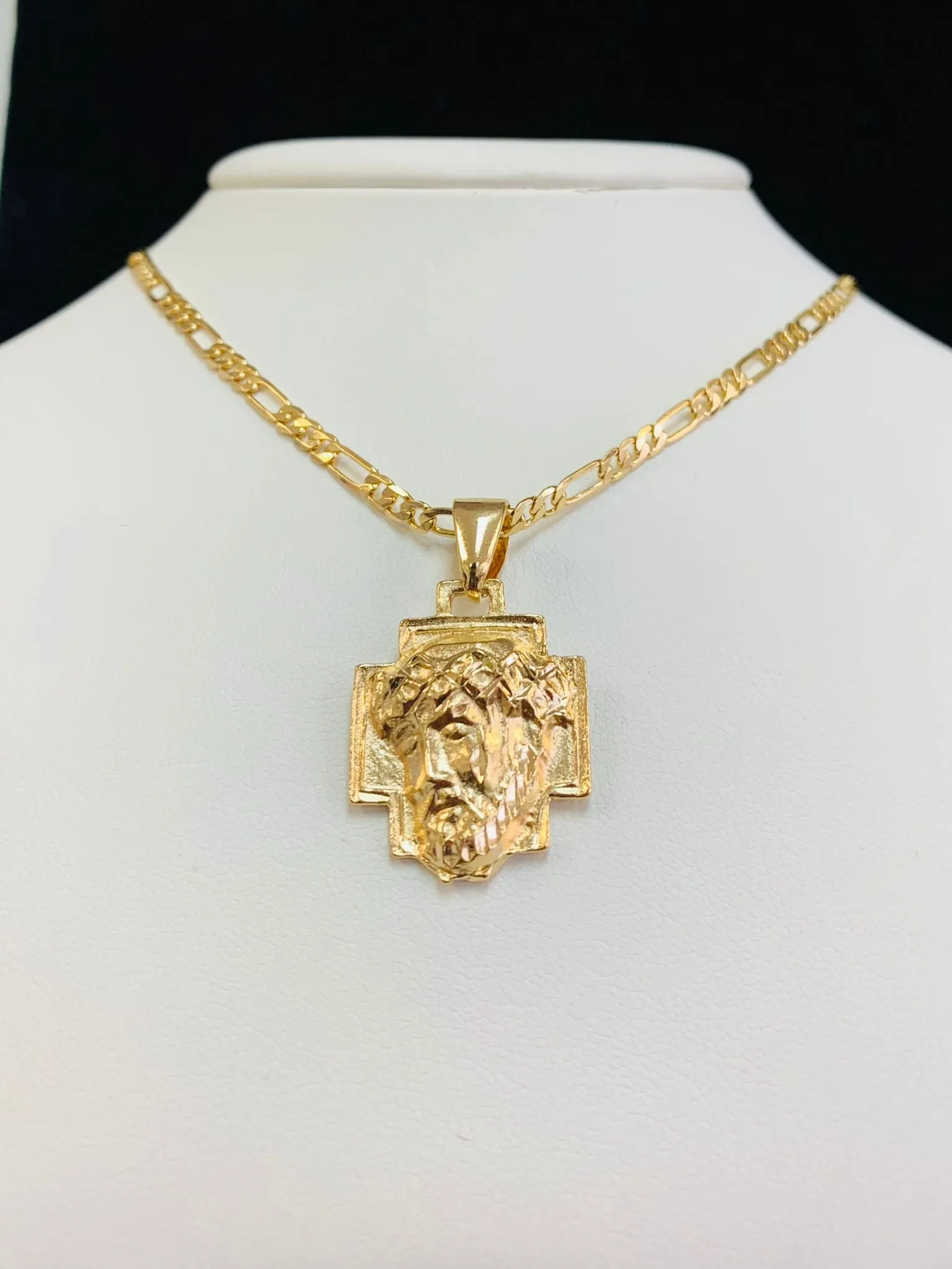 Jesus Christ Head Necklace • Jesus Head Pendant • Gold Filled Necklace • Figaro Link Chain 22"