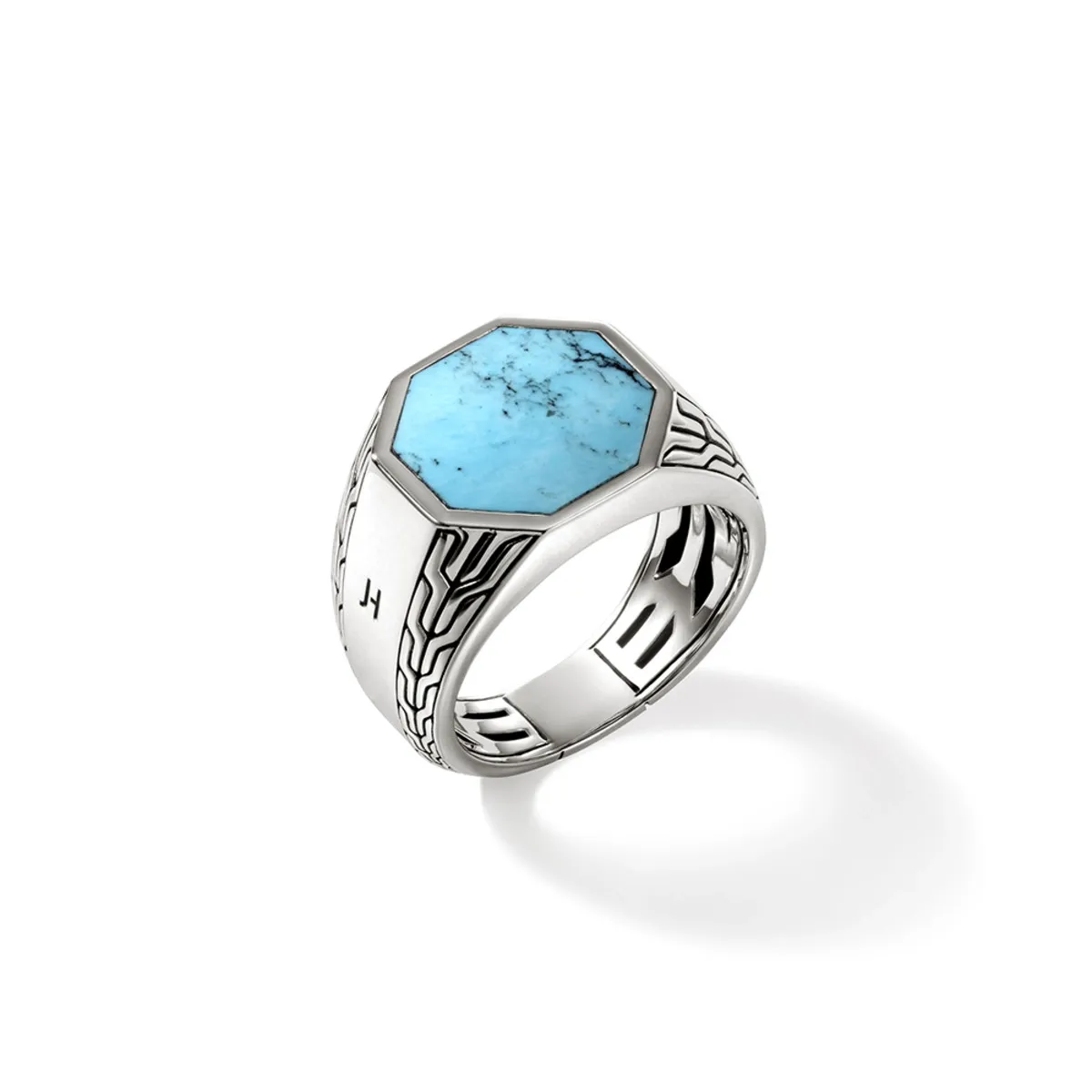 John Hardy Mens ID Silver Octagon Signet Ring with Treated Turquoise