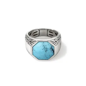 John Hardy Mens ID Silver Octagon Signet Ring with Treated Turquoise