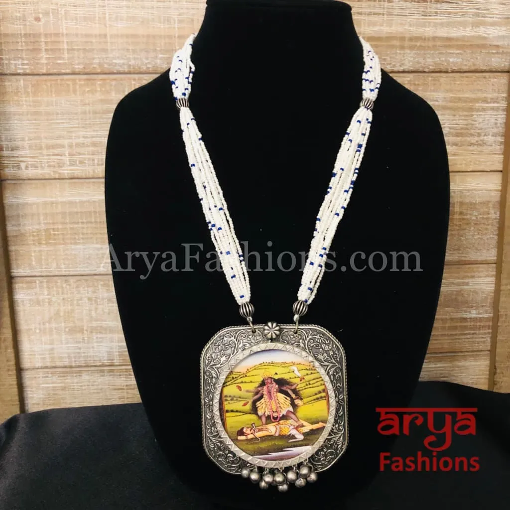 Kalamkari Painting Oxidized Silver Pendant with Multistrand Pearl chain