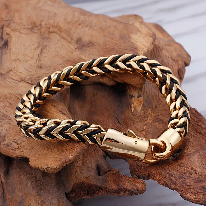 Korean Style Trendy Vintage Leather Braided Rope Titanium Steel Bracelet