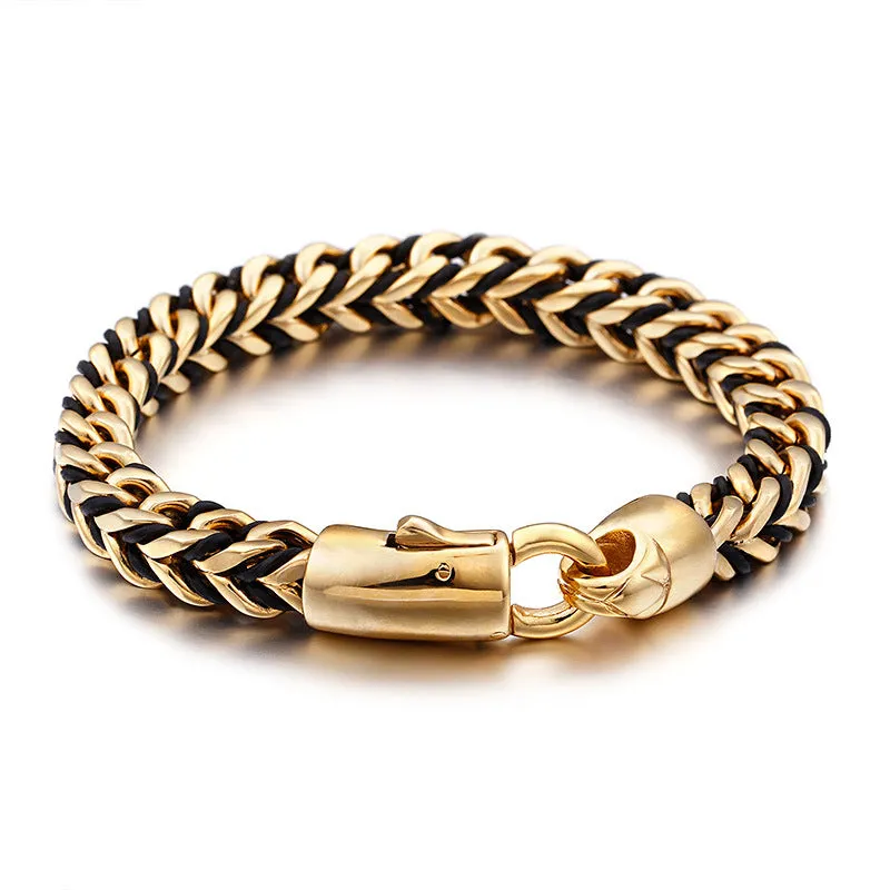 Korean Style Trendy Vintage Leather Braided Rope Titanium Steel Bracelet