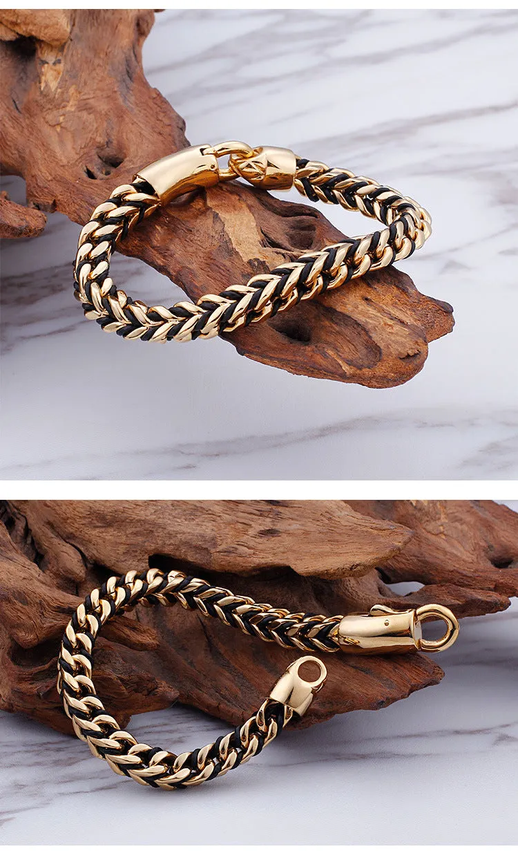 Korean Style Trendy Vintage Leather Braided Rope Titanium Steel Bracelet