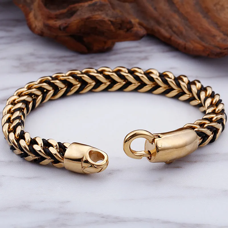 Korean Style Trendy Vintage Leather Braided Rope Titanium Steel Bracelet