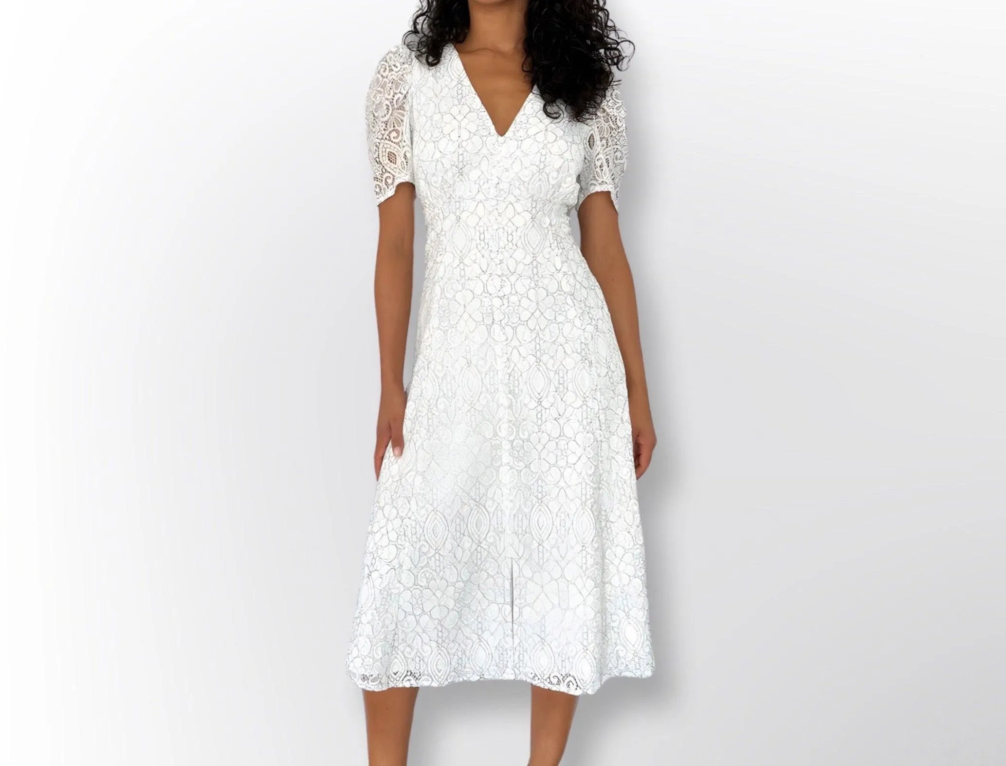 Lacey Puff Sleeve Lace Midi Dress