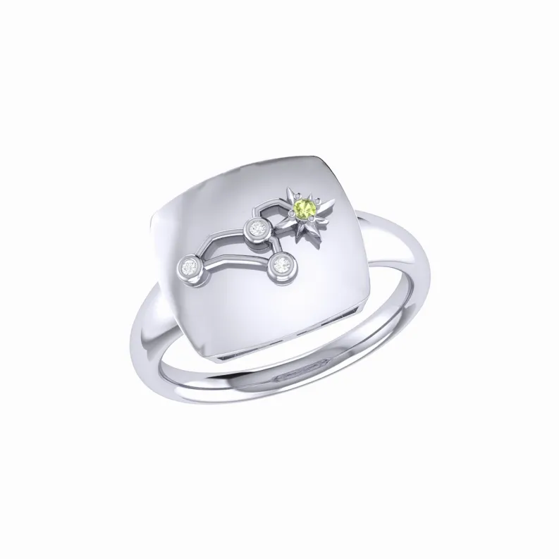 Leo Lion Peridot & Diamond Constellation Signet Ring in Sterling Silver