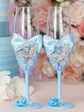 Light blue with butterflies 2 quinceanera champagne glasses