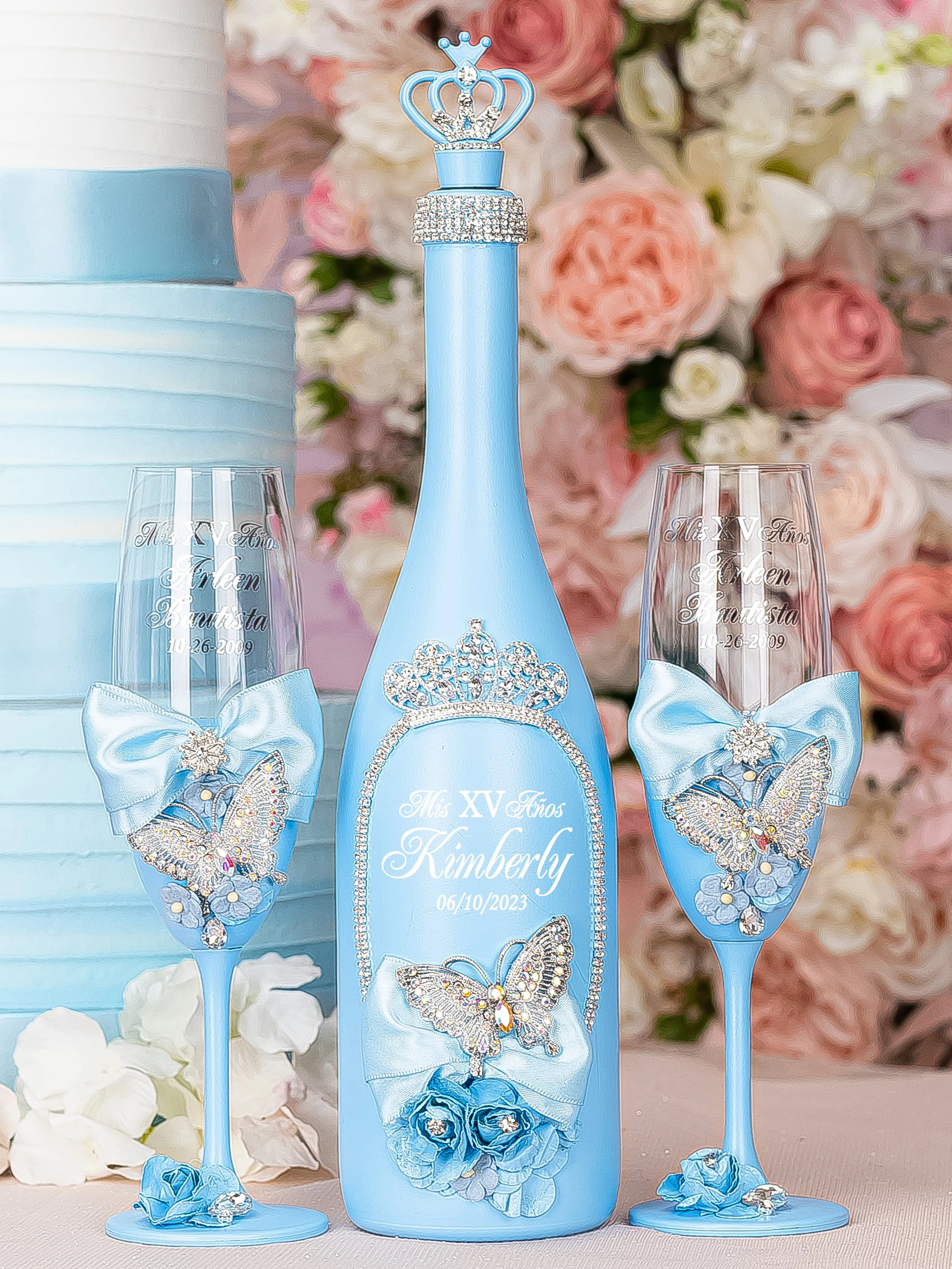 Light blue with butterflies 2 quinceanera champagne glasses