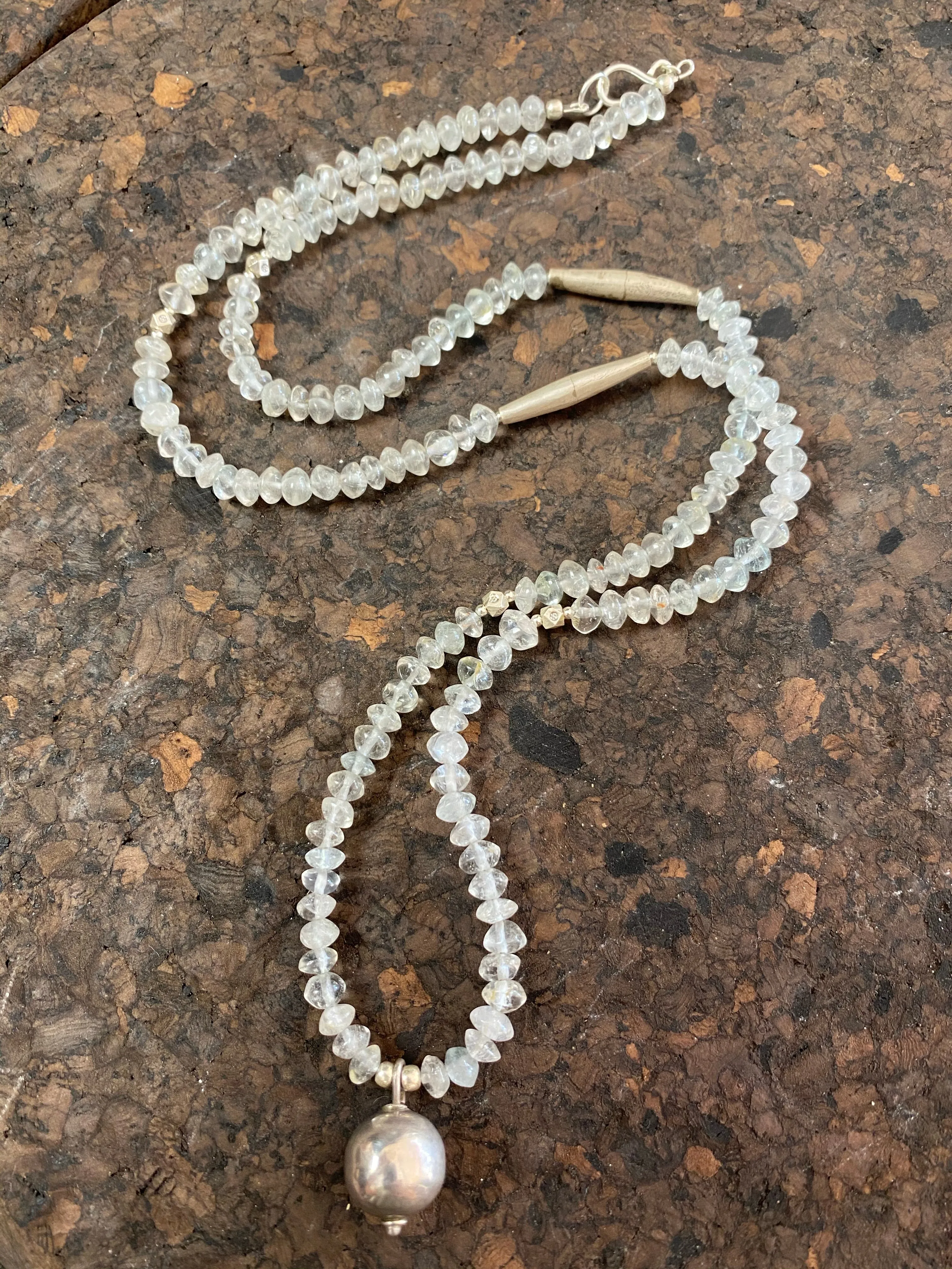 Long Aquamarine Silver Bead Necklace