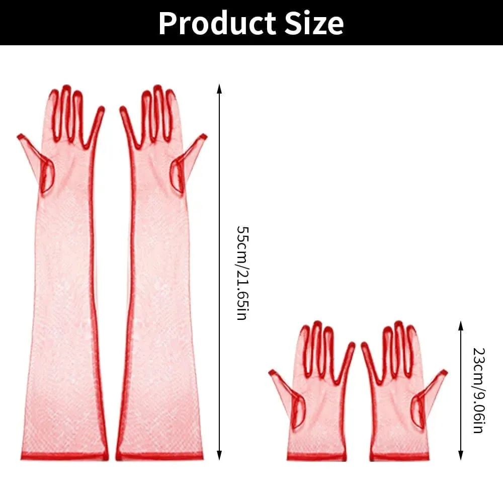 Long Mesh Tulle Gloves for Women - Elbow Length, Acetate Material (23cm, 55cm) - Black, White, Red, Grey, Champagne