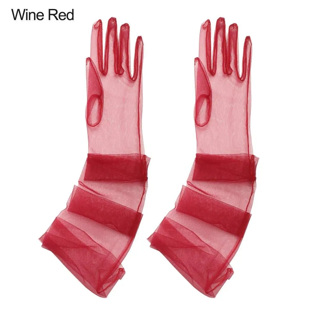 Long Mesh Tulle Gloves for Women - Elbow Length, Acetate Material (23cm, 55cm) - Black, White, Red, Grey, Champagne