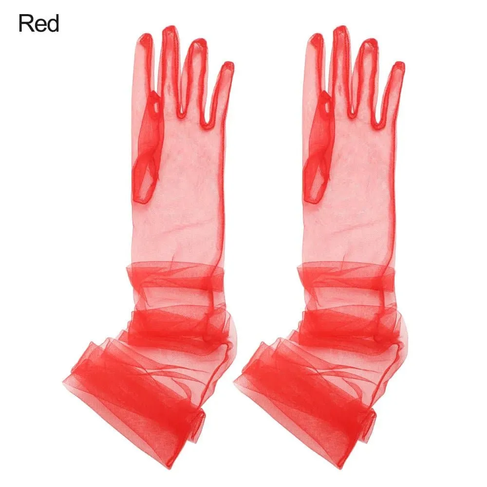 Long Mesh Tulle Gloves for Women - Elbow Length, Acetate Material (23cm, 55cm) - Black, White, Red, Grey, Champagne