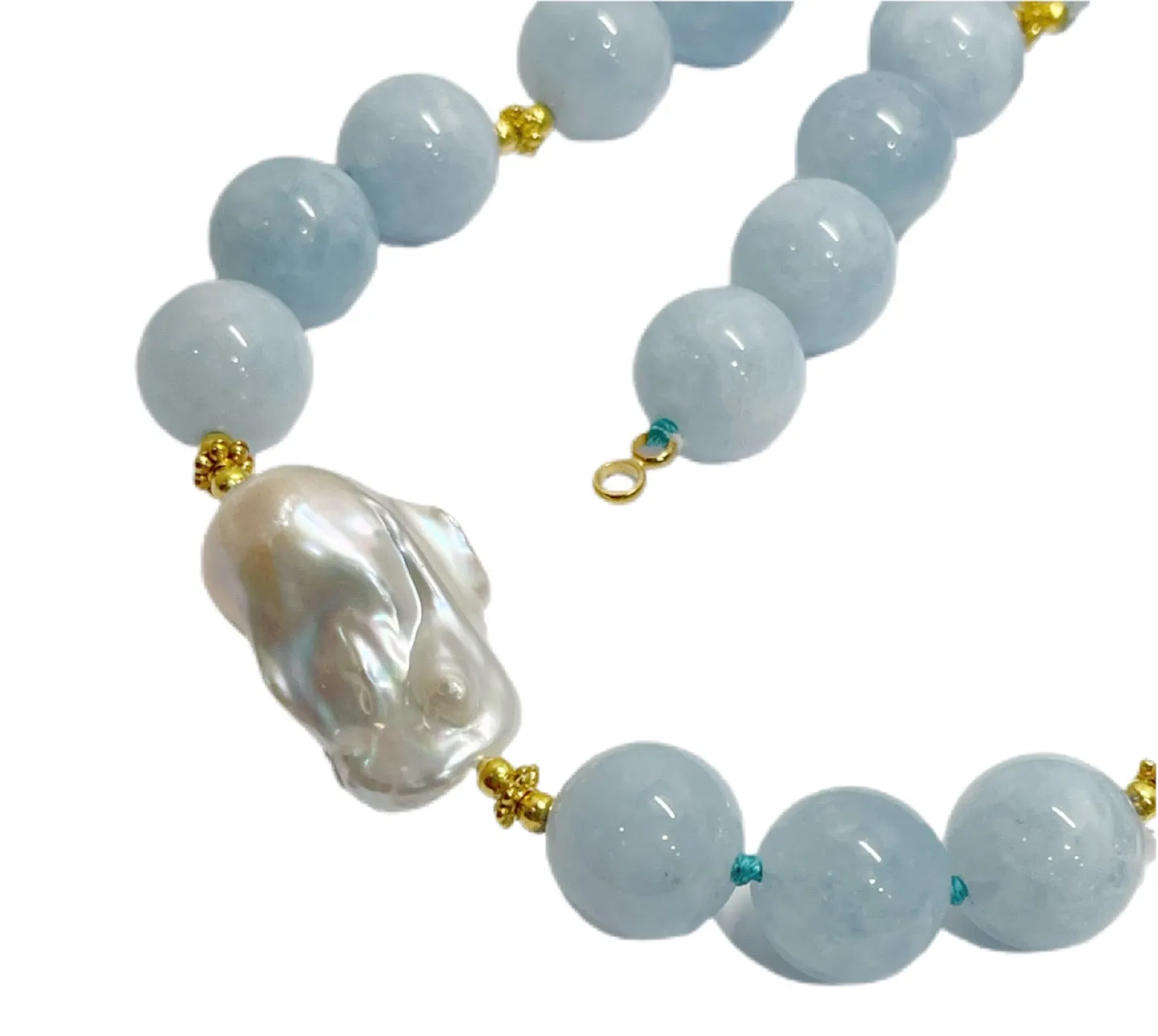 Lovely Aquamarine and Pearl Gemstone Pendant Statement Necklace 18”