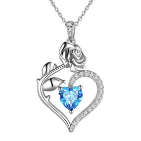 March Aquamarine Necklace Women Heart Birthstone Pendant Flower Rose Jewelry Birthday Gifts