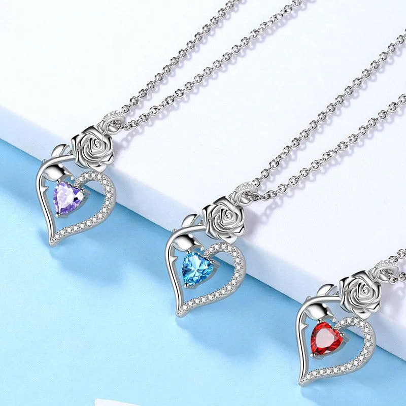 March Aquamarine Necklace Women Heart Birthstone Pendant Flower Rose Jewelry Birthday Gifts