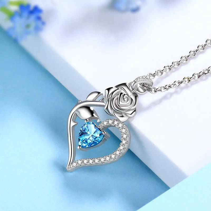 March Aquamarine Necklace Women Heart Birthstone Pendant Flower Rose Jewelry Birthday Gifts