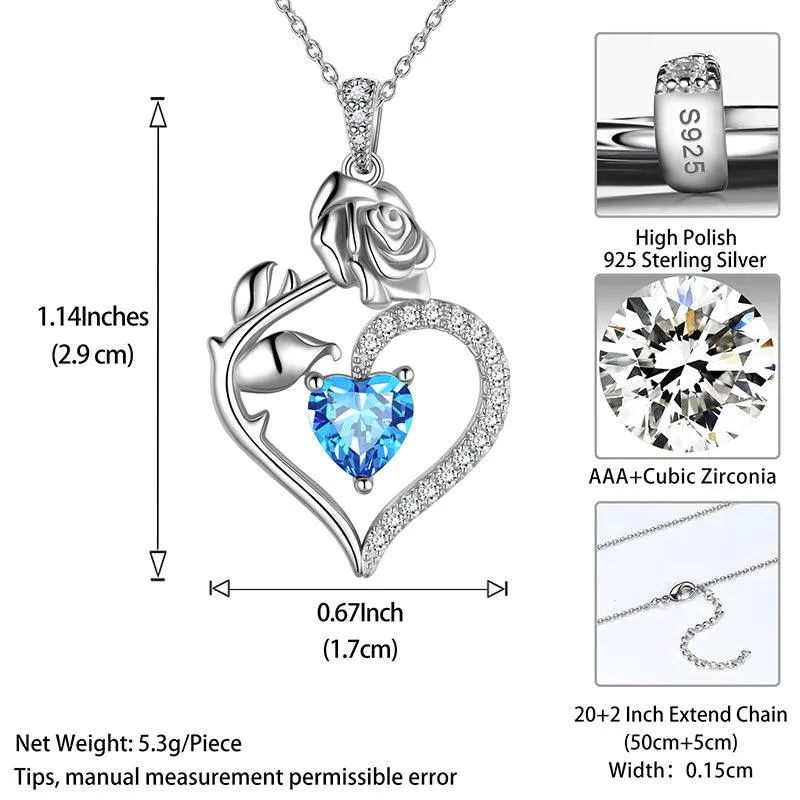 March Aquamarine Necklace Women Heart Birthstone Pendant Flower Rose Jewelry Birthday Gifts