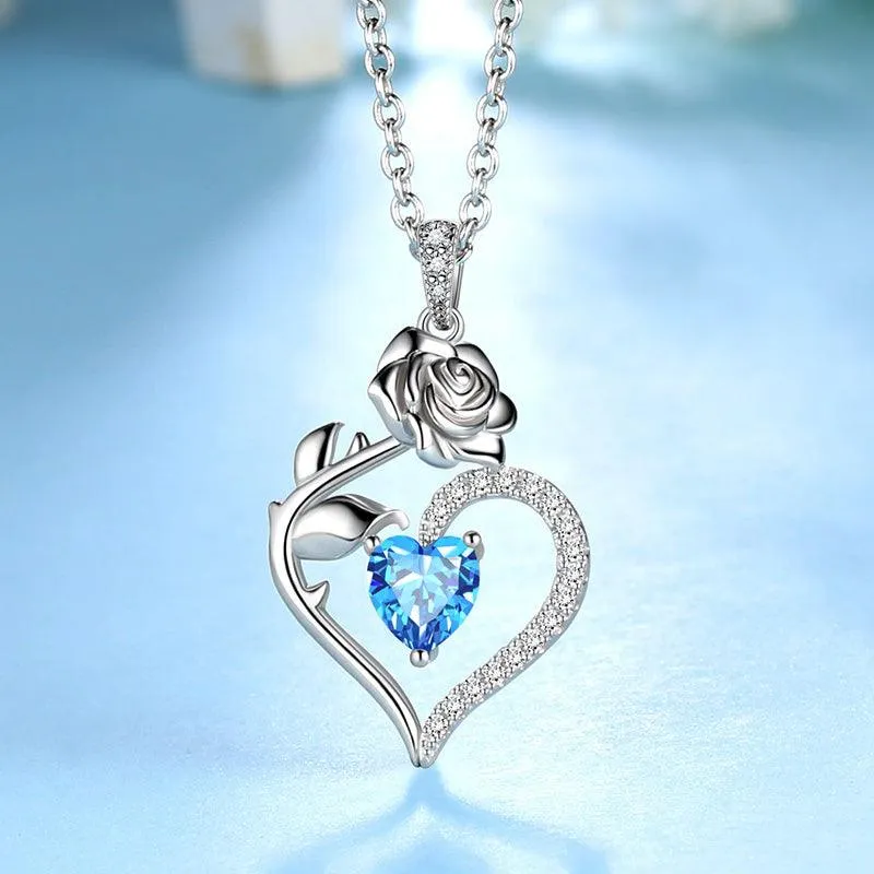 March Aquamarine Necklace Women Heart Birthstone Pendant Flower Rose Jewelry Birthday Gifts