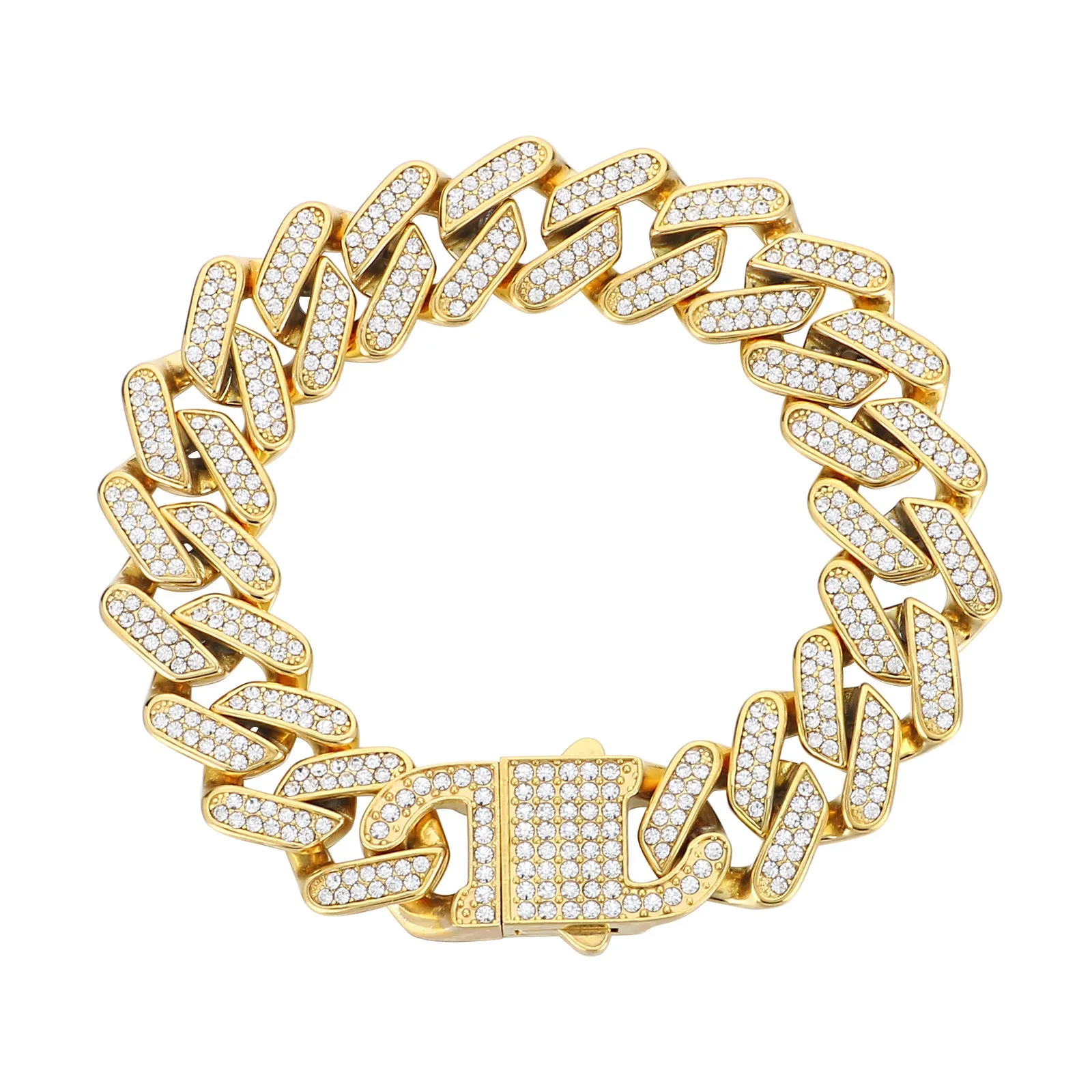 Men's Gold Titanium Stainless Steel Cuban Link Bracelet with Crystal Embellishments - Durable and Stylish