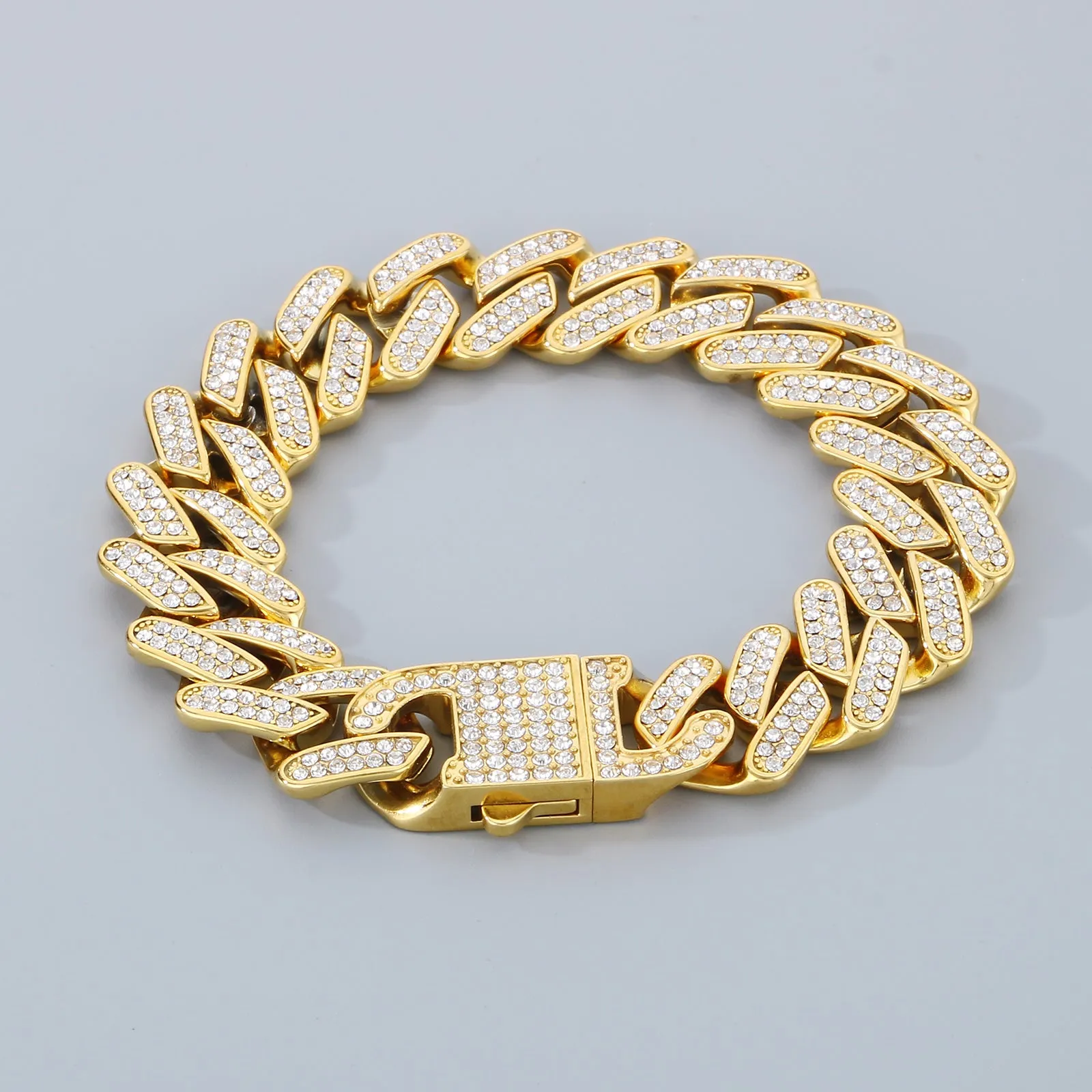 Men's Gold Titanium Stainless Steel Cuban Link Bracelet with Crystal Embellishments - Durable and Stylish