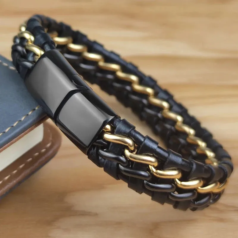 Men's Leather Chain Bracelet with Gold Magnetic Clasp