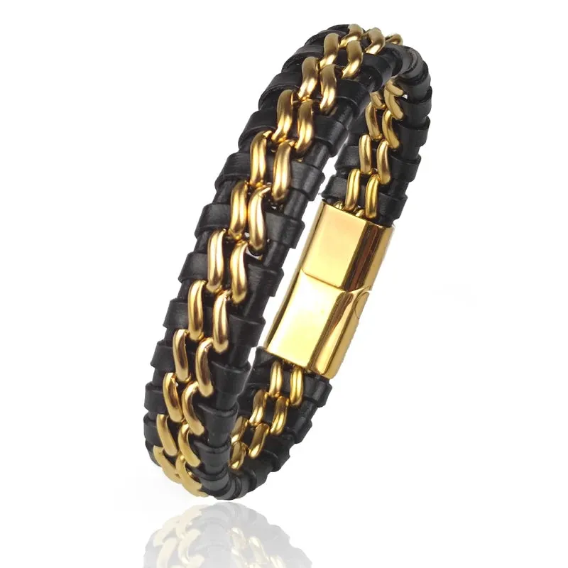 Men's Leather Chain Bracelet with Gold Magnetic Clasp