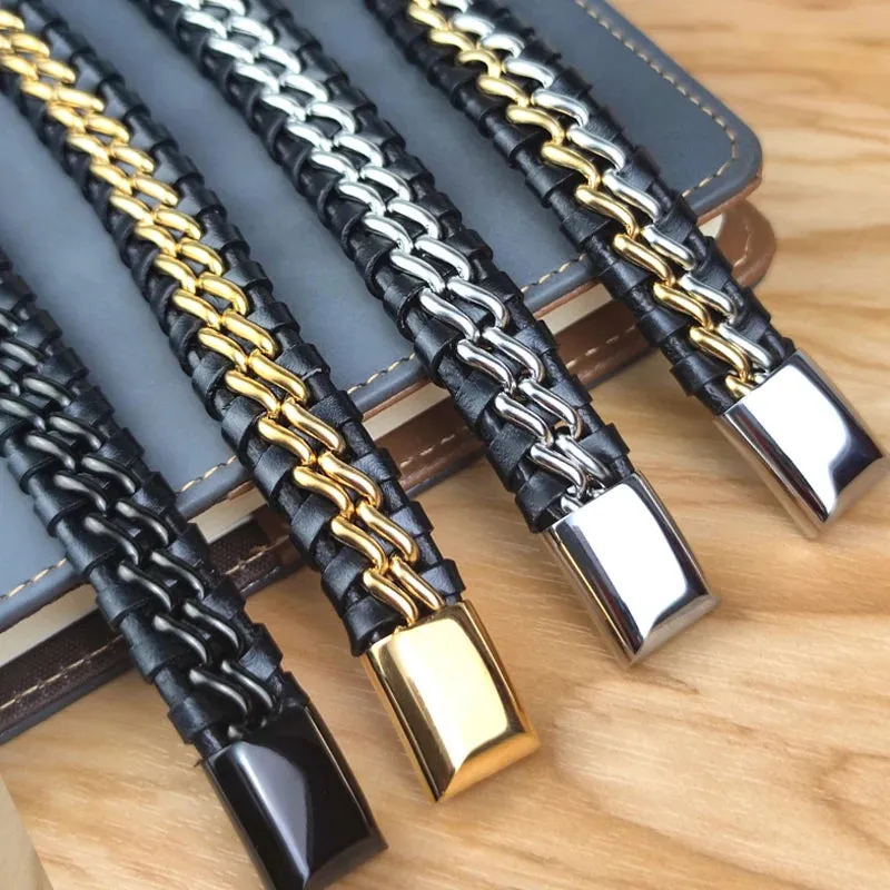 Men's Leather Chain Bracelet with Gold Magnetic Clasp