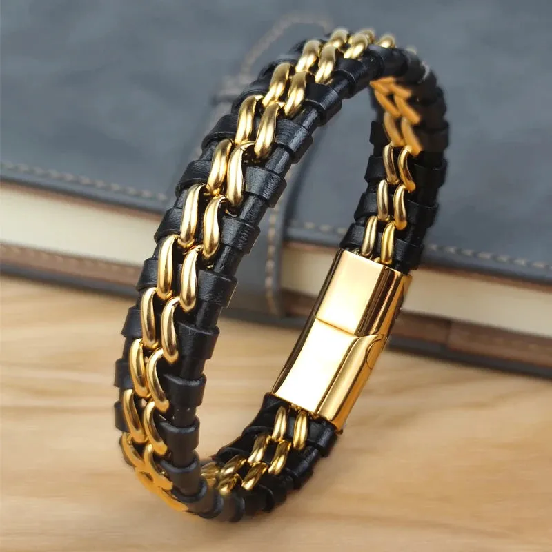 Men's Leather Chain Bracelet with Gold Magnetic Clasp