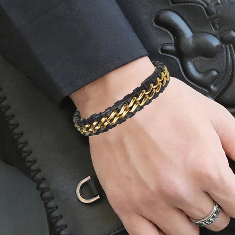 Men's Leather Chain Bracelet with Gold Magnetic Clasp