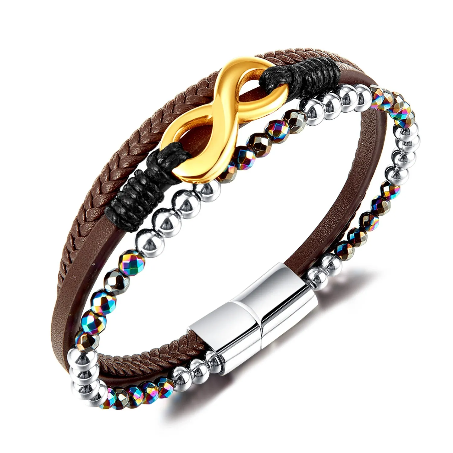 Men's Multilayer Leather and Crystal Beaded Bracelet with Gold Plated Infinity Clasp – Fashionable and Versatile