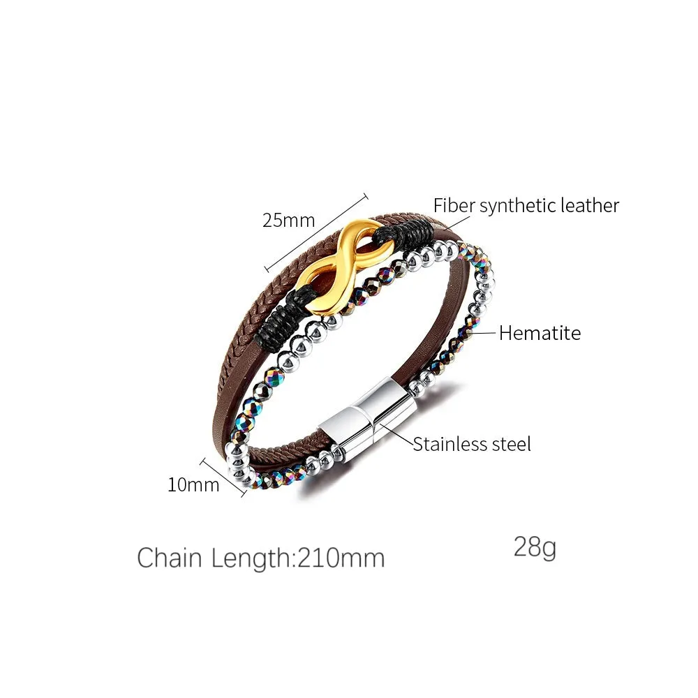 Men's Multilayer Leather and Crystal Beaded Bracelet with Gold Plated Infinity Clasp – Fashionable and Versatile