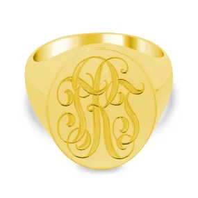 Men's Oval Signet Ring - Large - Hand Engraved Script Monogram