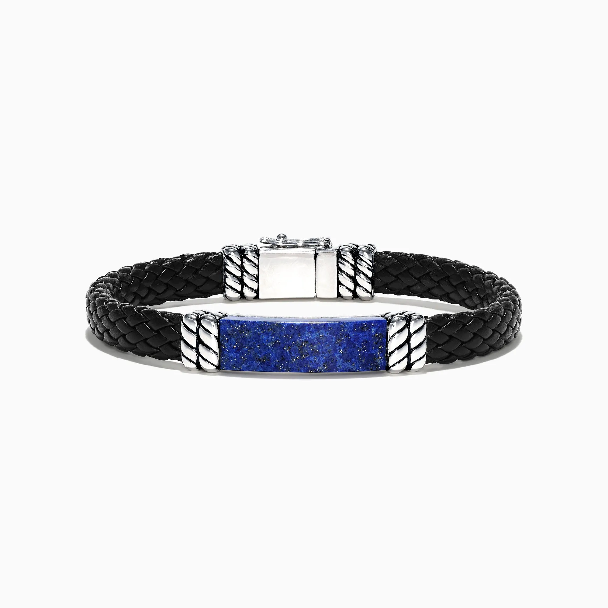 Men's Sterling Silver Lapis Lazuli Leather Bracelet, 12.00 TCW