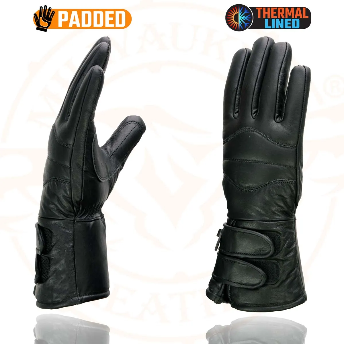 Milwaukee Leather SH233 Men's Black Leather Warm Lining Gauntlet Motorcycle Hand Gloves W/ Double Strap Cuff Pull-on Closure