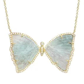 Moss Green Aquamarine Butterfly Necklace with Diamonds