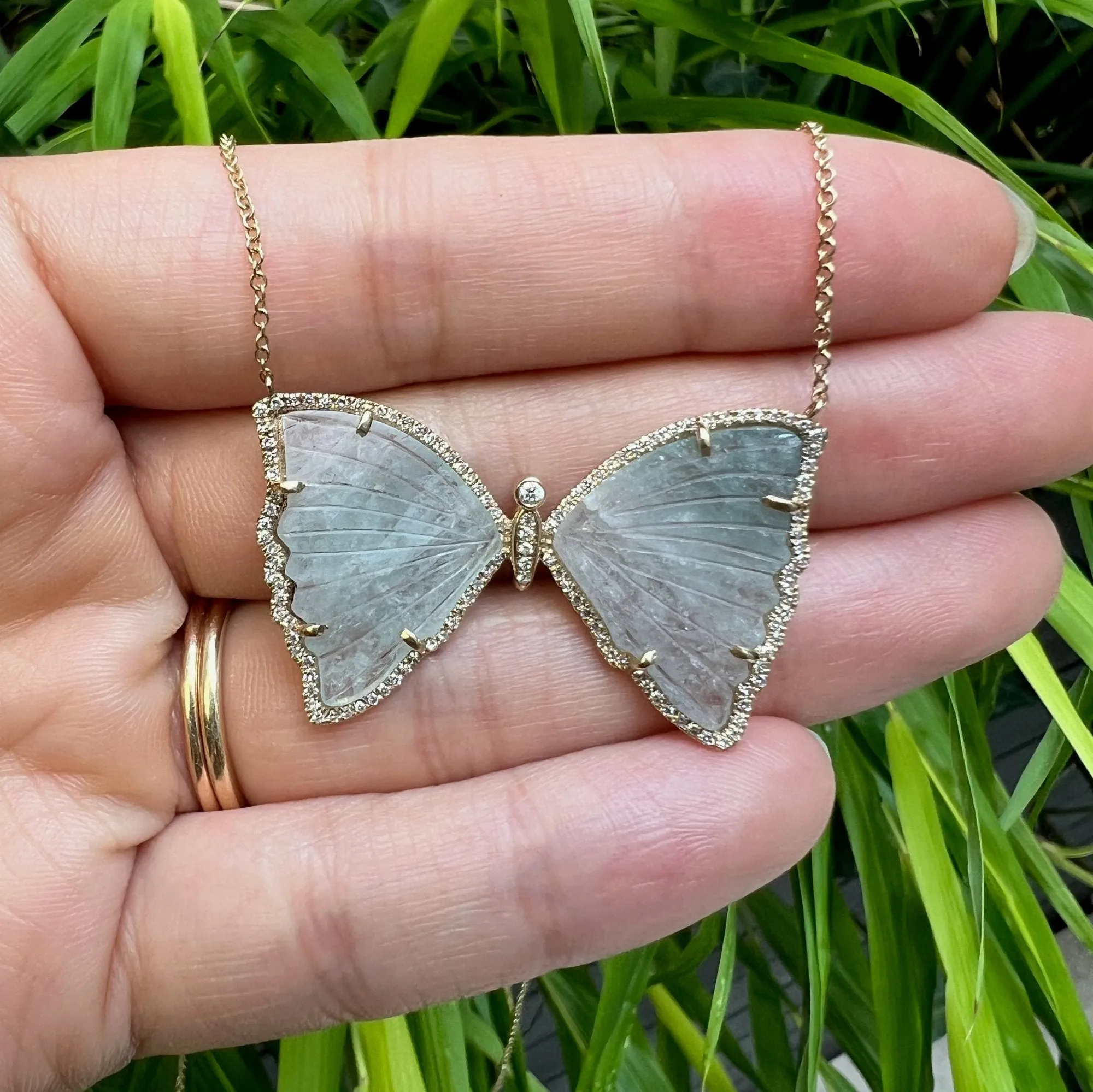 Moss Green Aquamarine Butterfly Necklace with Diamonds