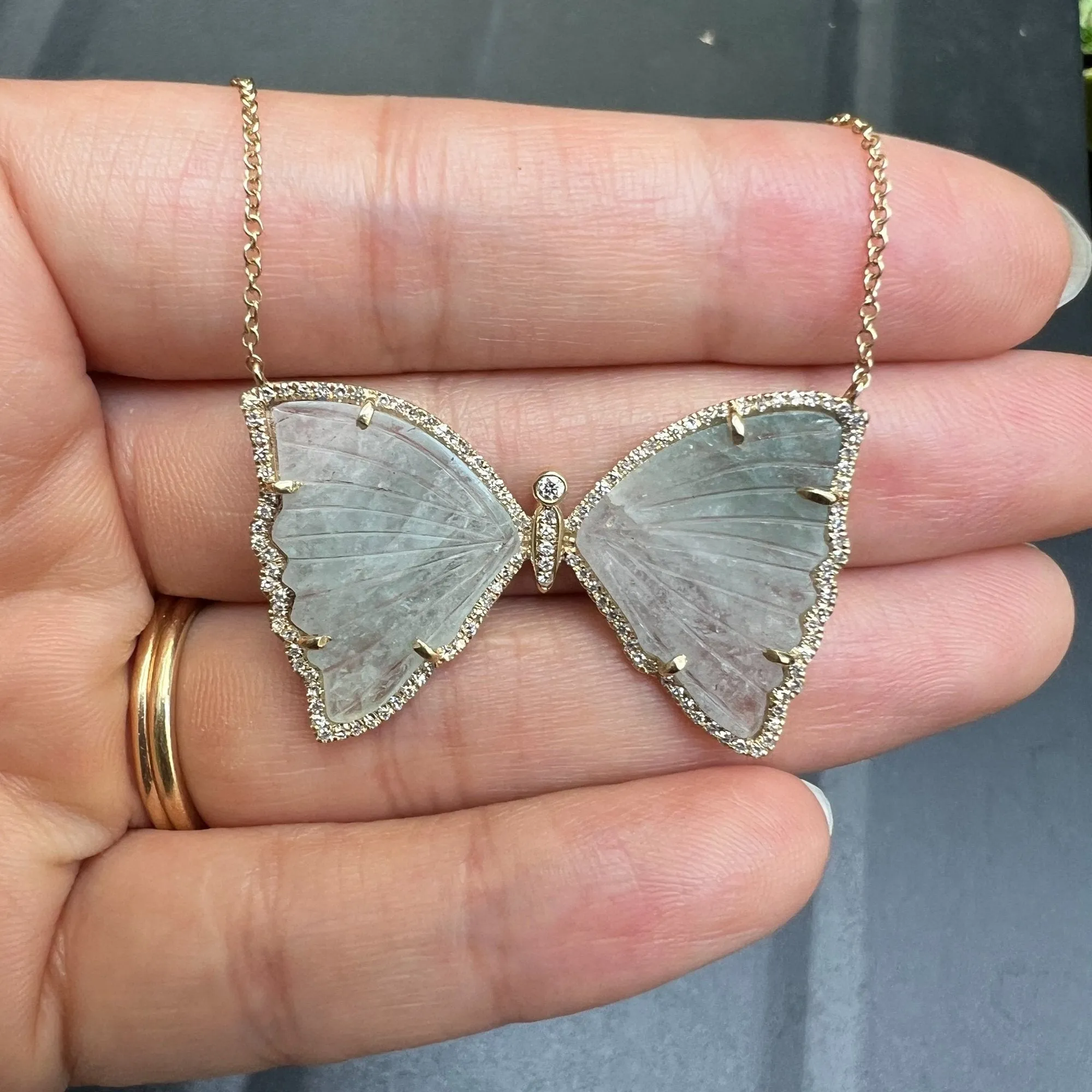 Moss Green Aquamarine Butterfly Necklace with Diamonds