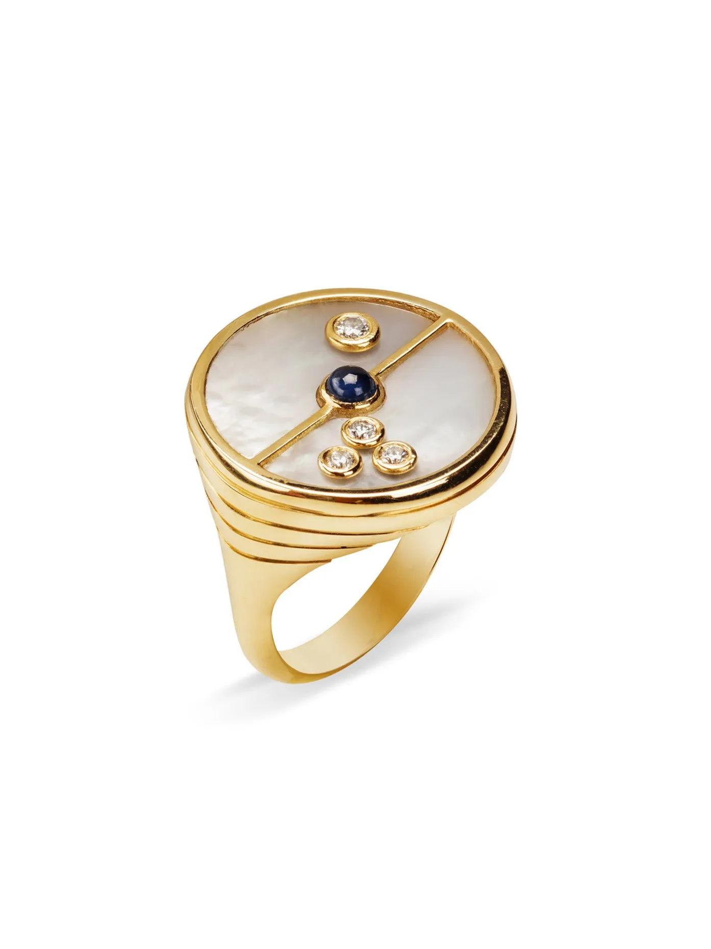 Mother of Pearl and Blue Sapphire Compass Yellow Gold Ring