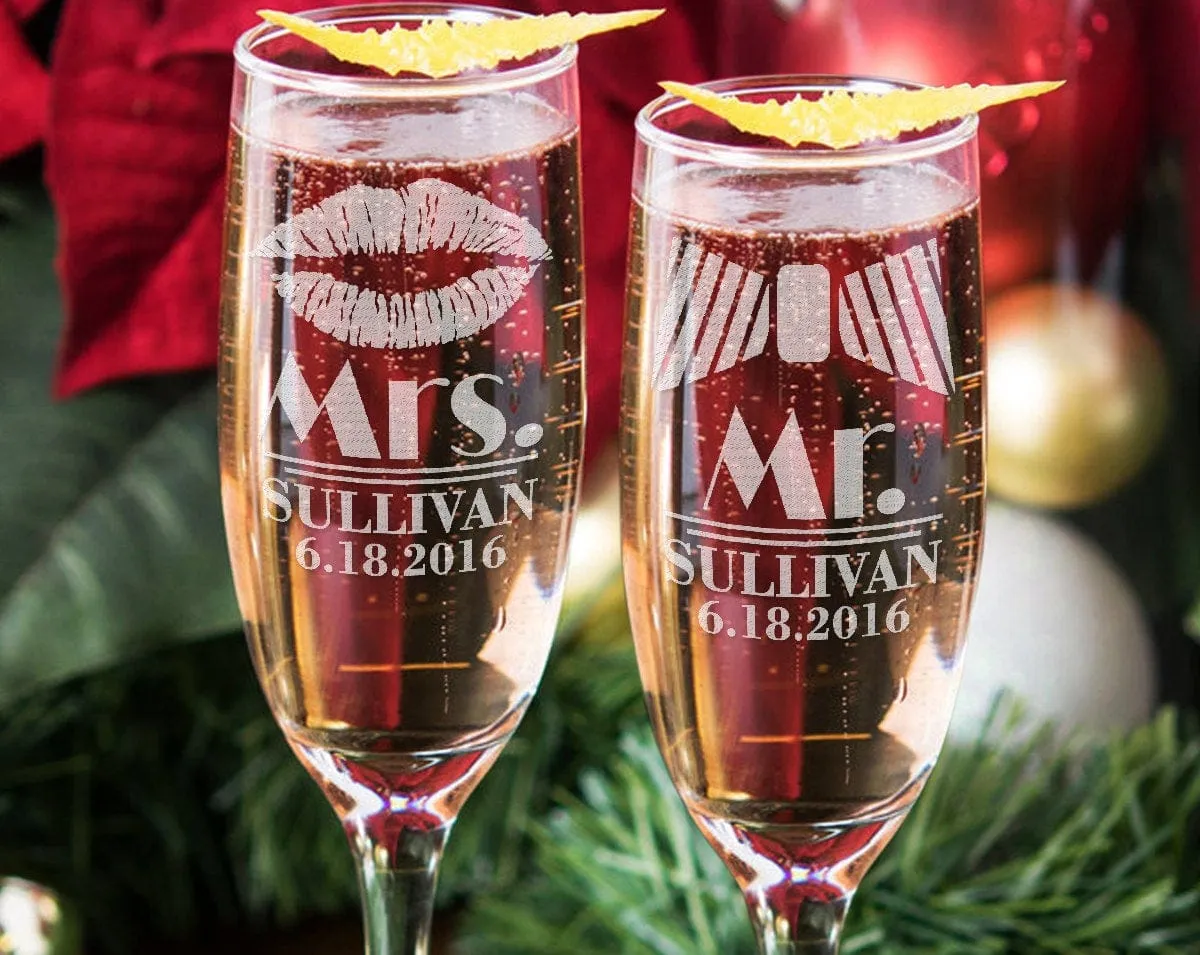 Mrs Mr Personalized Lips Tie Set of 2 Custom Champagne Flutes, Wedding Gift, Bride Groom Champagne Glasses, Laser Engraved with Name & Date