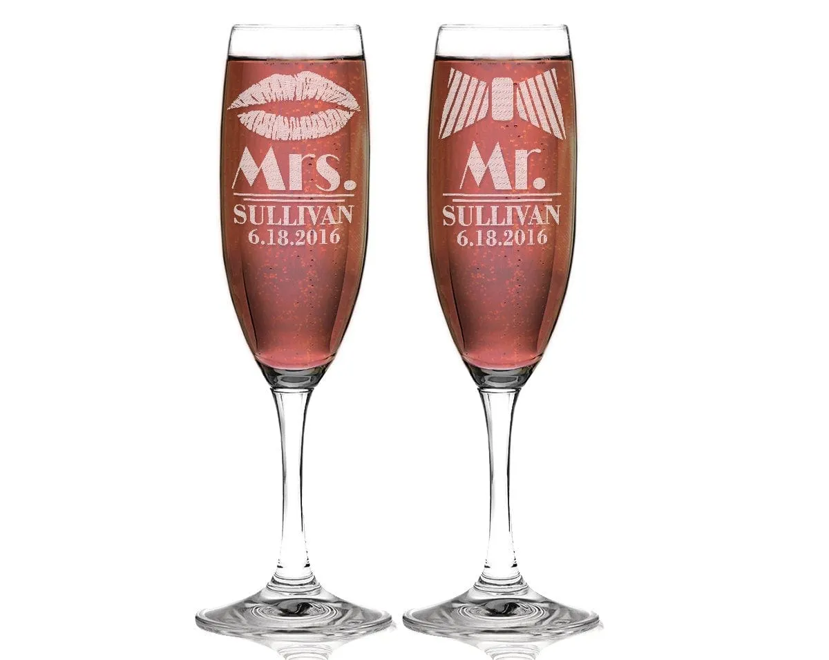 Mrs Mr Personalized Lips Tie Set of 2 Custom Champagne Flutes, Wedding Gift, Bride Groom Champagne Glasses, Laser Engraved with Name & Date