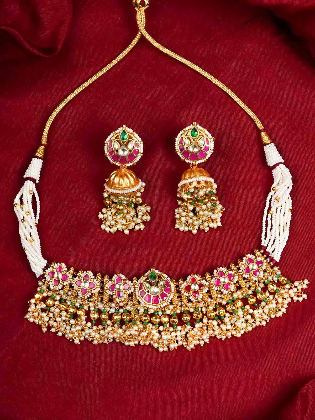 Multicolor Gold Plated Jadau Kundan Necklace Set - MS2032M